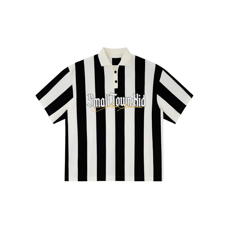 STK SMALL TOWN KID Polo Shirt Unisex Black White Stripes-1