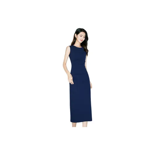 Late White Sleeveless Dresses Women's Dark Blue