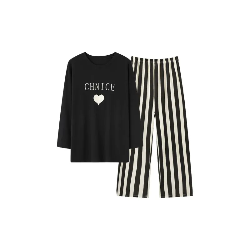 MIIOW Pajama Set Women's Black Stripes Heart-0