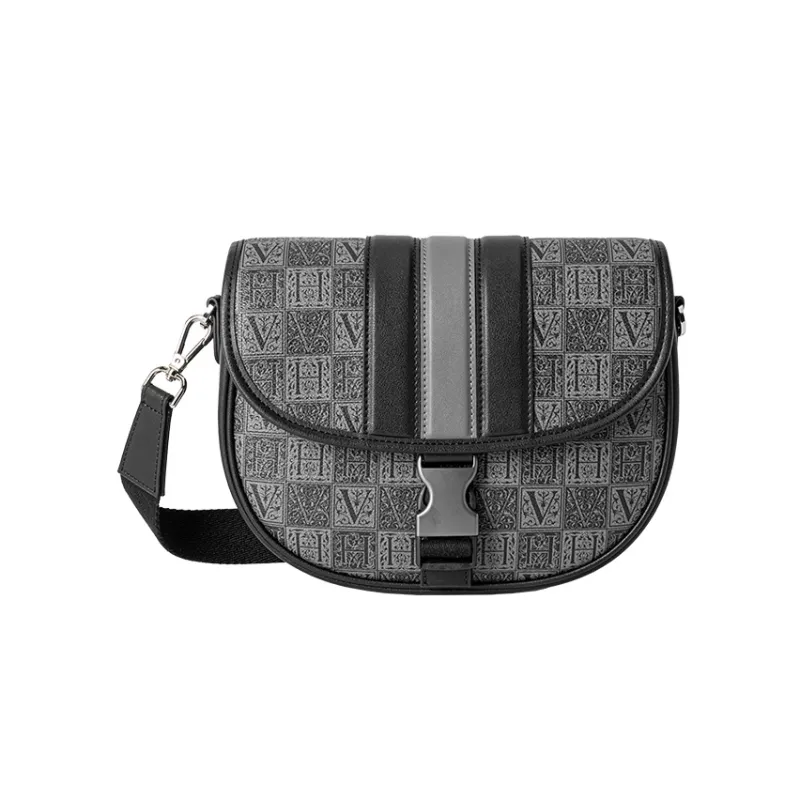VANESSA HOGAN Monogram Leather Saddle Bag, Shoulder Bag Medium Size Unisex Black-0