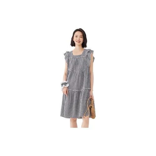 Asuka and new sake Short-Sleeved Dresses Women's Plaid Black