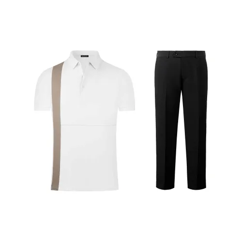 SEAFUNG Casual Sportswear Men Set White Polo Shirt+Black Pants