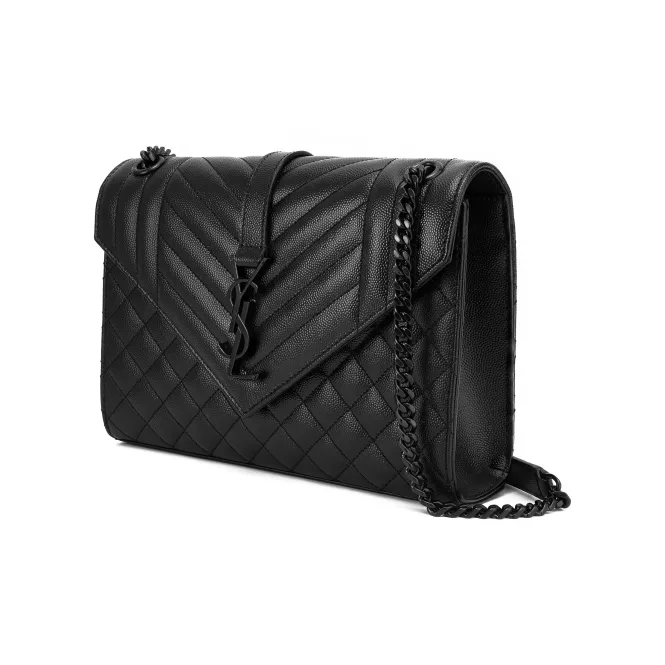 SAINT LAURENT ENVELOPE Quilted Grain Embossed Leather Envelope Bag Shoulder Bag Crossbody Bag Medium Size Women's Black-3
