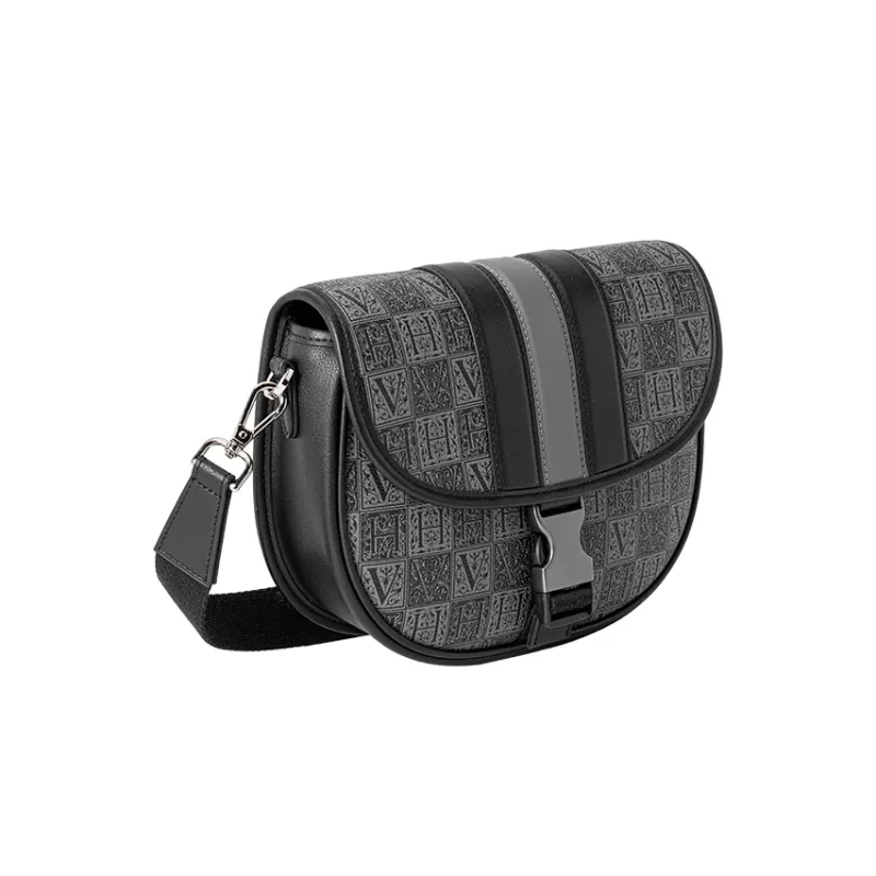 VANESSA HOGAN Monogram Leather Saddle Bag, Shoulder Bag Medium Size Unisex Black-5