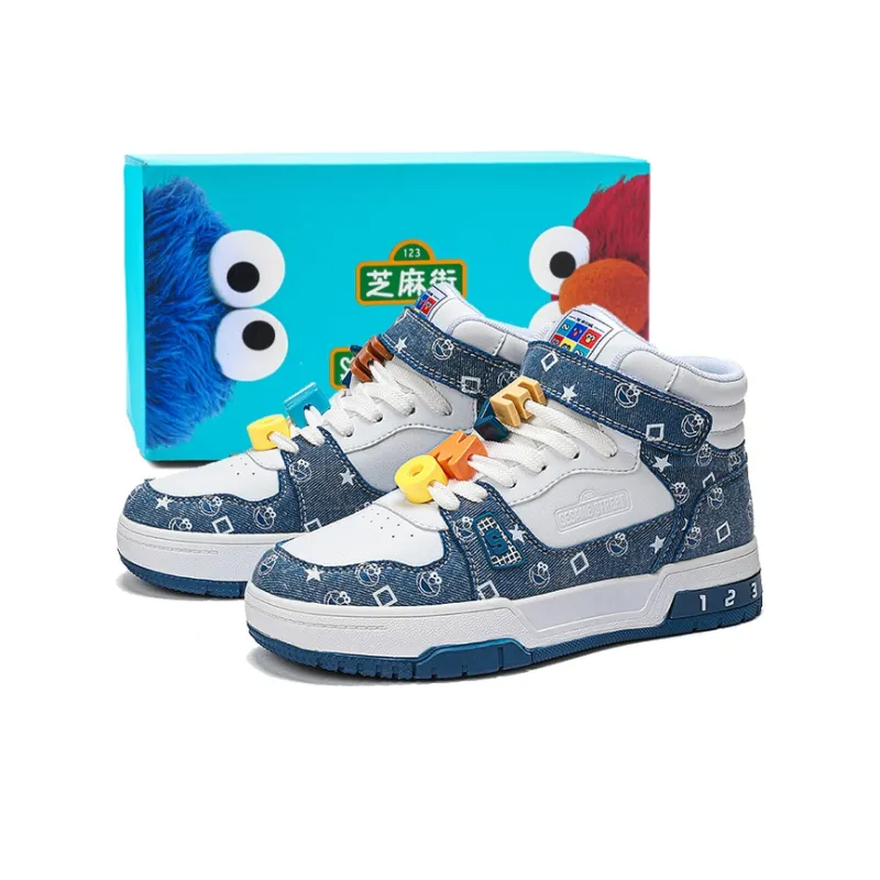SESAME STREET Skateboard Shoes Unisex High Top Black & White/Denim Blue/Beige Apricot/Black-13