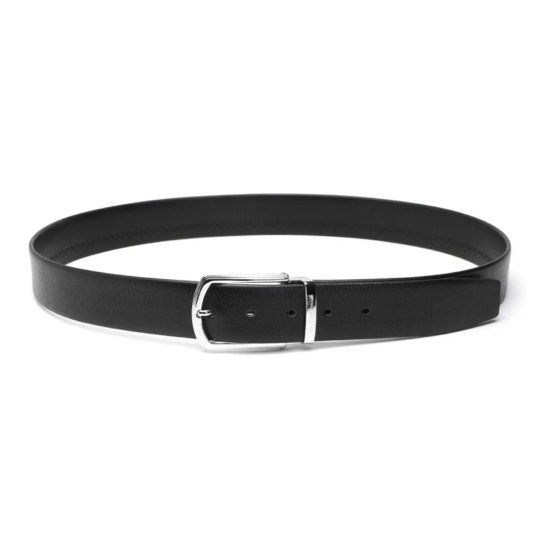 ELLE HOMME Pin Buckle Belt Genuine Leather Brushed Steel Buckle Top Grain Cow Leather Belts Men's Black Width 3.7cm-11