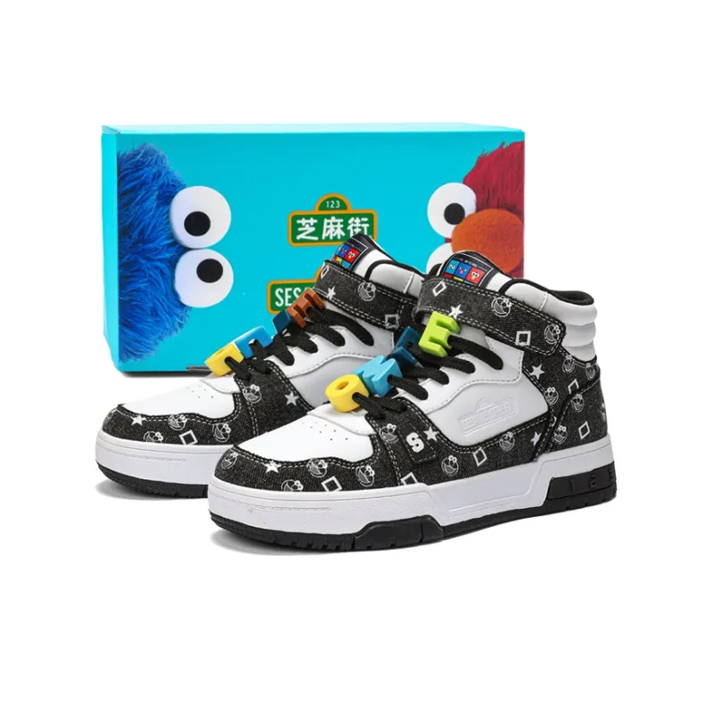SESAME STREET Skateboard Shoes Unisex High Top Black & White/Denim Blue/Beige Apricot/Black-6