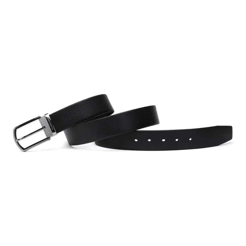 ELLE HOMME Pin Buckle Belt Genuine Leather Brushed Steel Buckle Top Grain Cow Leather Belts Men's Black Width 3.7cm-6