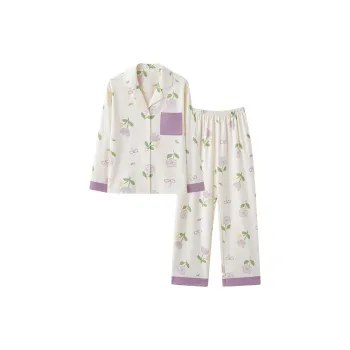MIIOW Pajama Set Women's Milk White Purple Flower