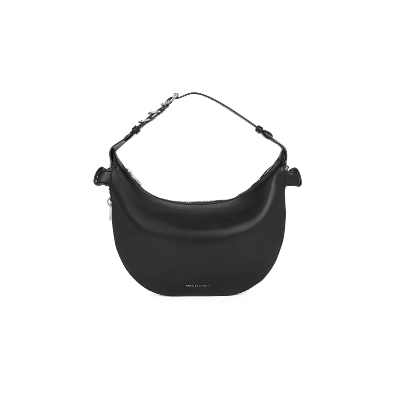 CHARLES&KEITH Pu Shoulder Bag Medium Size Women's Noir Black/Cream Milk White/Tan Tea Brown-0