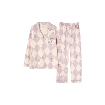 MIIOW Pajama Set Women's Gray Purple Rhombus Plaid Rabbit