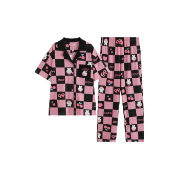 FENTENG Pajama Set Women's Pink Plaid