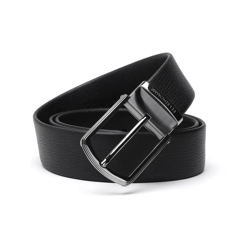 ELLE HOMME Pin Buckle Belt Genuine Leather Brushed Steel Buckle Top Grain Cow Leather Belts Men's Black Width 3.7cm-4
