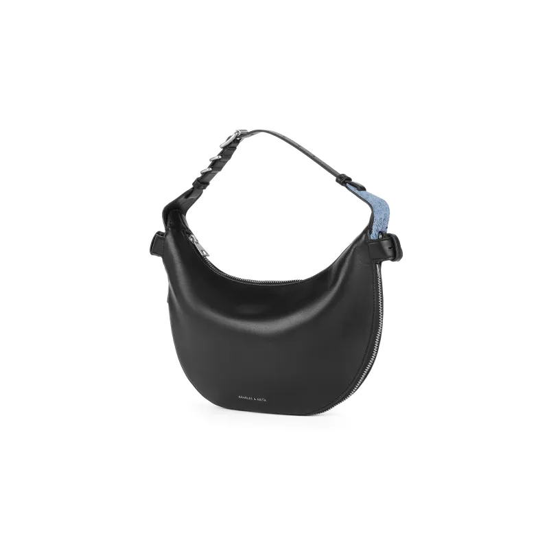 CHARLES&KEITH Pu Shoulder Bag Medium Size Women's Noir Black/Cream Milk White/Tan Tea Brown-1