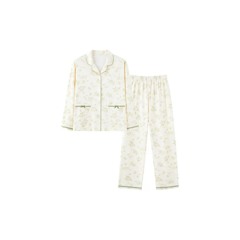 MIIOW Pajama Set Women's Ecru Green Floral Print-0