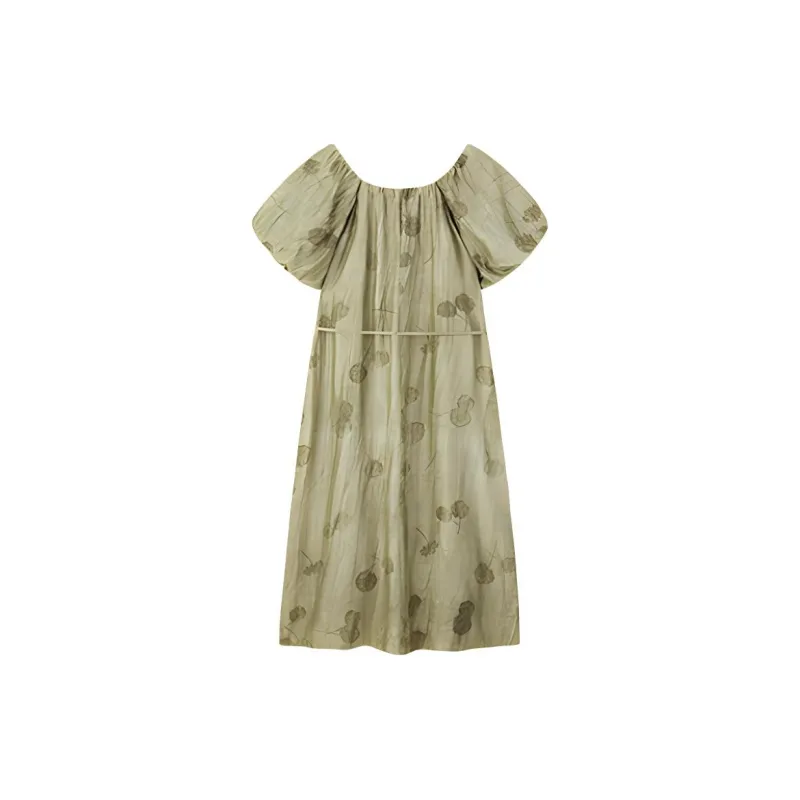 【dme】 Short Sleeved Dresses Women's Vintage Green-1