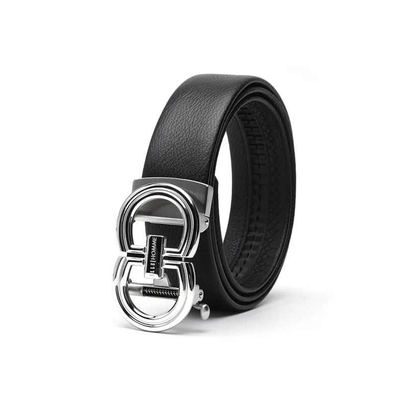 ELLE HOMME Automatic Buckle Belt Steel Buckle Casual Fashion Top Grain Cow Leather Belt Men's Black Width 3.7cm-1