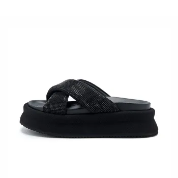 Talitaqoom Rubber Sole Rhinestone Slip-Resistant Abrasion-Resistant Slide Slippers Women's Black