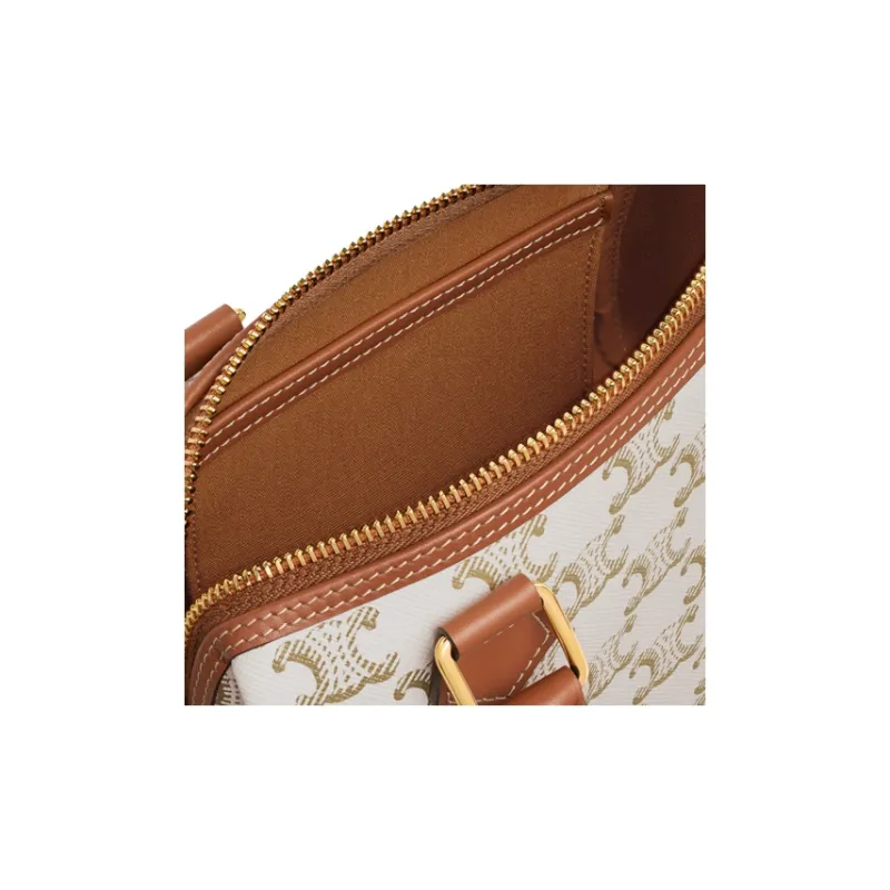 CELINE Triomphe Cow Leather Boston Bag Shoulder Bag Crossbody Bag Handbag Small Size Women's White-3
