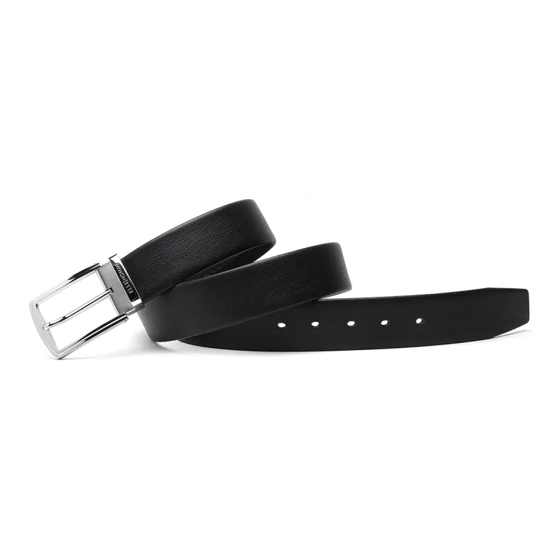 ELLE HOMME Pin Buckle Belt Genuine Leather Brushed Steel Buckle Top Grain Cow Leather Belts Men's Black Width 3.7cm-2