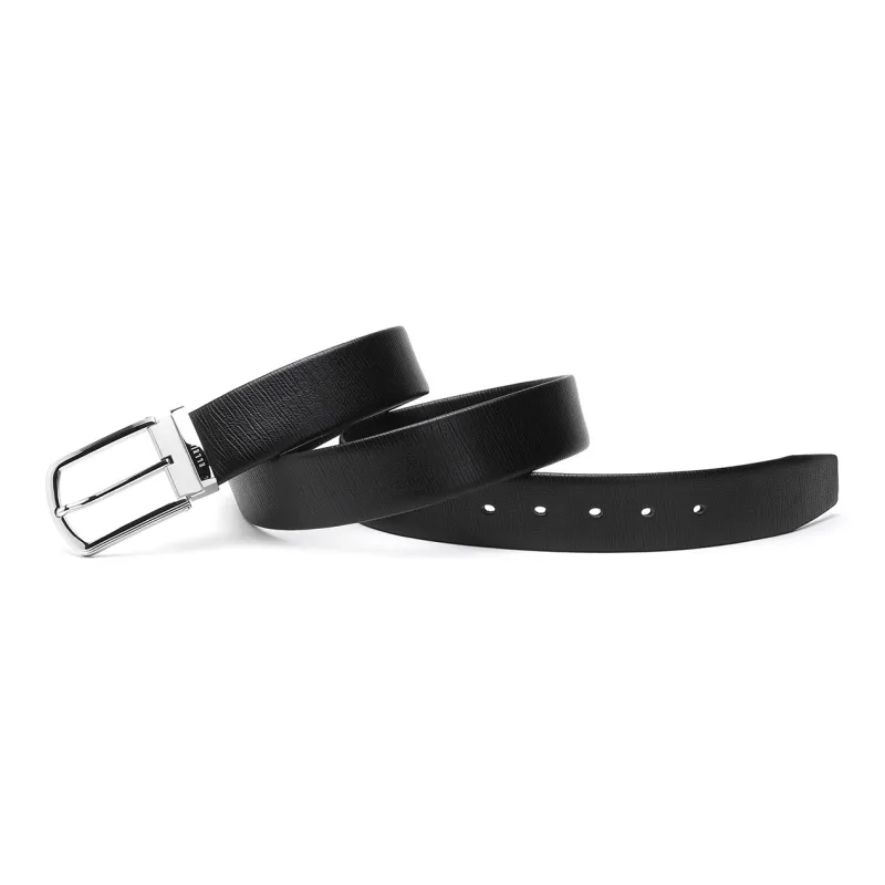 ELLE HOMME Pin Buckle Belt Genuine Leather Brushed Steel Buckle Top Grain Cow Leather Belts Men's Black Width 3.7cm-10