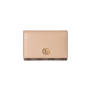 GUCCI GG Marmont Supreme Canvas With Leather Trim Card Holder, Wallet Women's Beige & Ebony