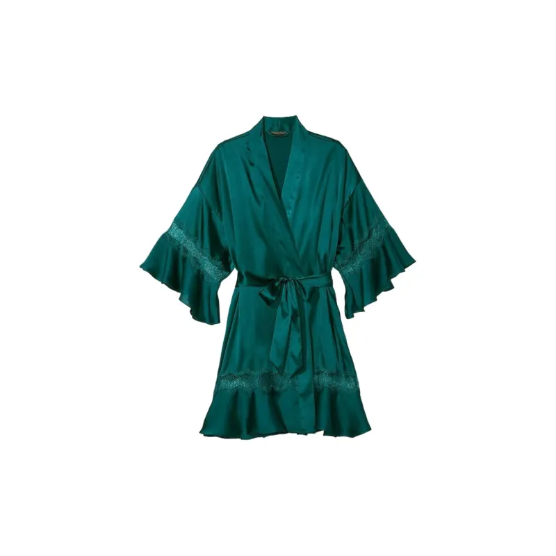 Victoria's Secret Lace Patchwork With Tie Up Waist / Blue-green Pajama Robe Women's Turquoise-0