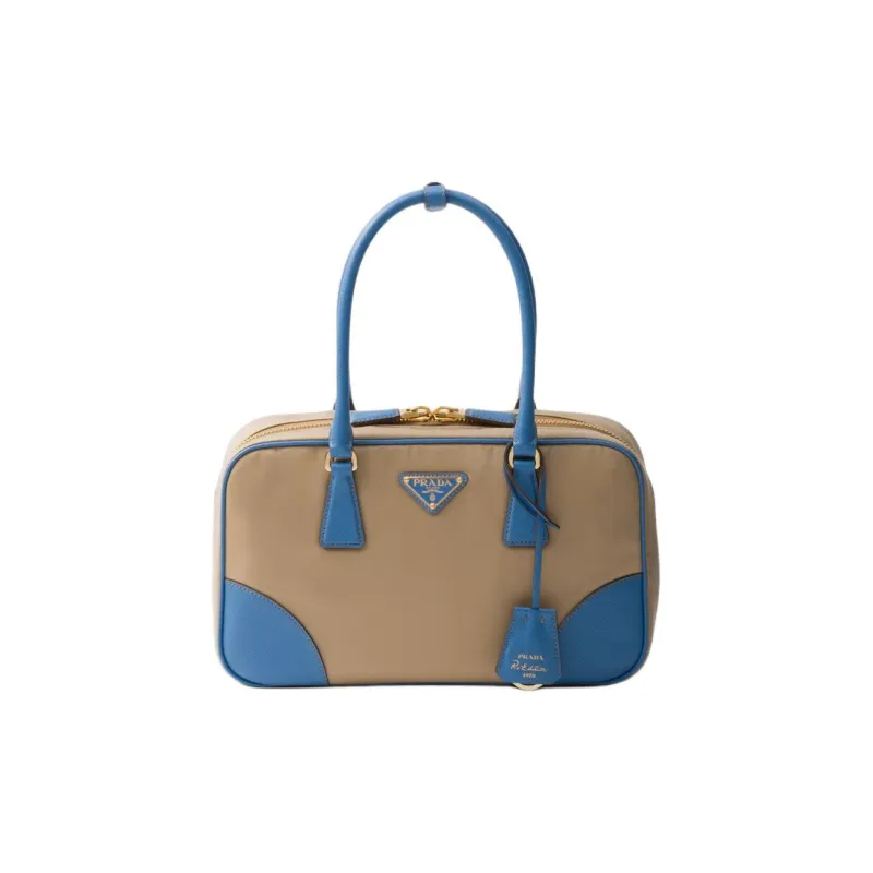 PRADA Re Edition Nylon With Leather Shoulder Bag, Crossbody Bag, Handbag Medium Size Women's Camel & Blue-0