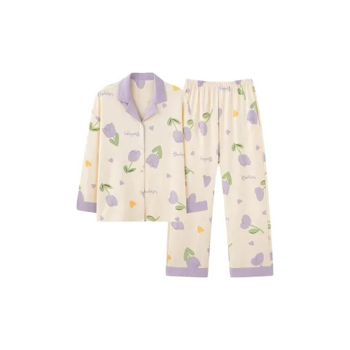 MIIOW Pajama Set Women's Light Skin Purple Flower