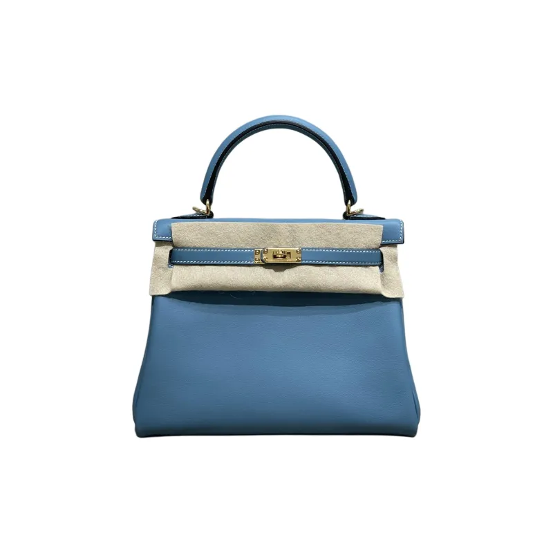 HERMES Kelly Swift Calfskin Kelly Bag Handbag Women's 75 Bley Jean Denim Blue-0