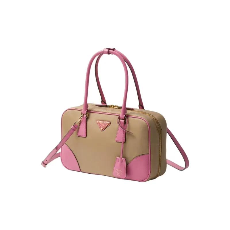 PRADA Re Edition Nylon And Leather Shoulder Bag Crossbody Bag Handbag Medium Size Women's Camel & Pink-1