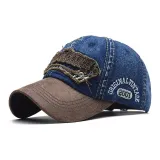 Denim Navy Blue Distressed Patchwork Embroidery Baseball Cap