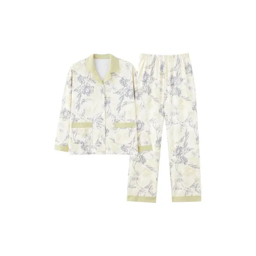 MIIOW Pajama Set Women's Beige, White, Green Floral Print
