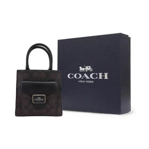 COACH Pepper Canvas With Leather Shoulder Bag, Crossbody Bag, Handbag Trumpets Women's Khaki Brown & Black-8