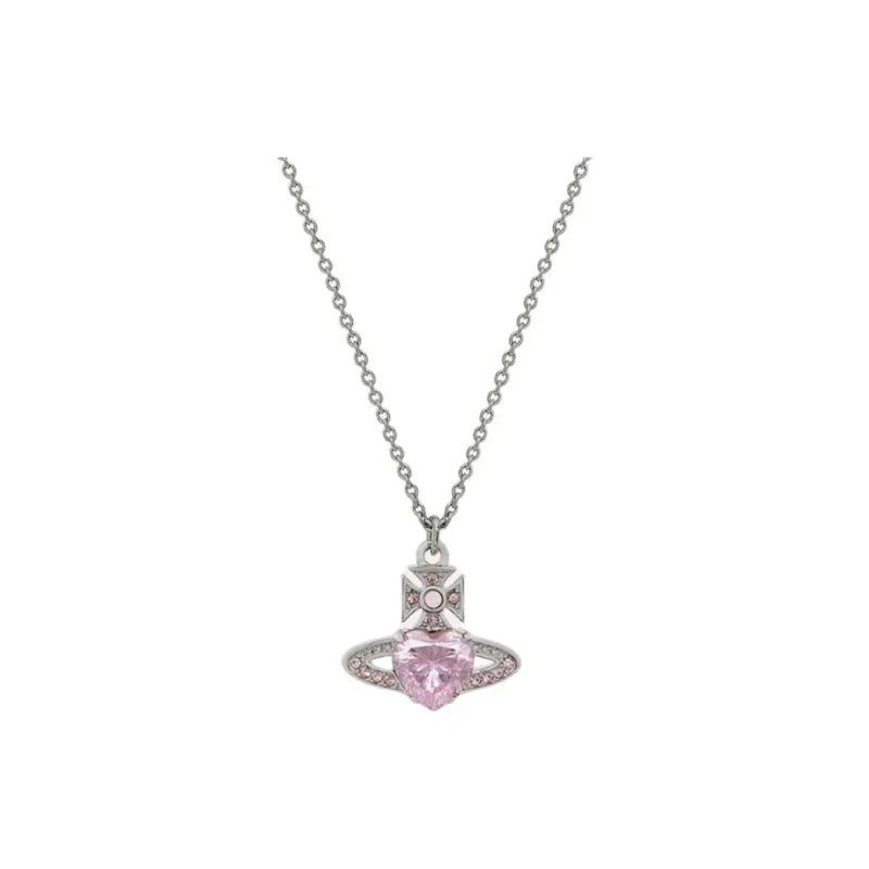 Vivienne Westwood Brass Heart Pink Crystal Saturn Pendant Necklace Women's Pink Diamond/Silver-0