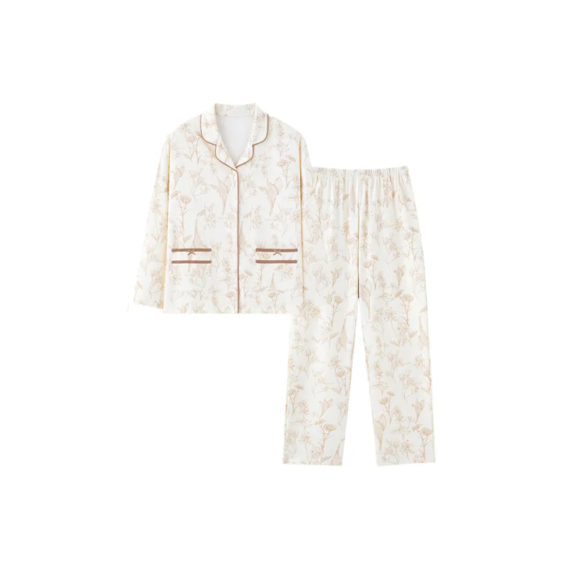 MIIOW Pajama Set Women's Beige, White, Green Floral Print-0