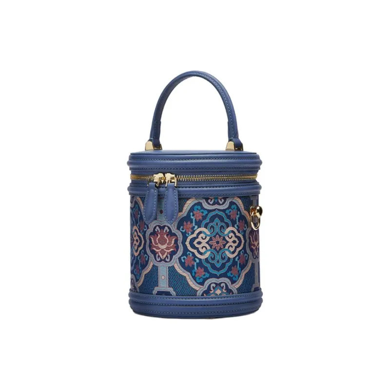 Pmsi Split Cow Leather With Mulberry Silk Bucket Bag, Shoulder Bag, Crossbody Bag, Handbag Trumpets Women's Blue-3