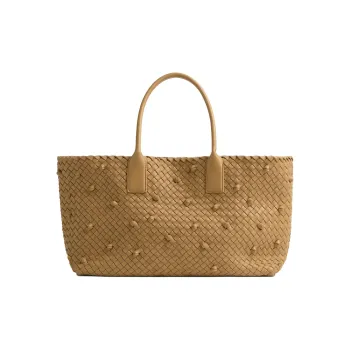 Bottega Veneta Intreccio Leather With Lambskin Accents Tote Bag Shopping Bag Handbag Medium Size Women's Brown