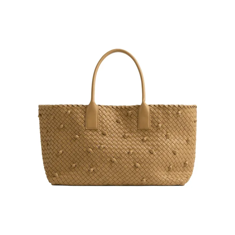 Bottega Veneta Intreccio Leather With Lambskin Accents Tote Bag Shopping Bag Handbag Medium Size Women's Brown-0