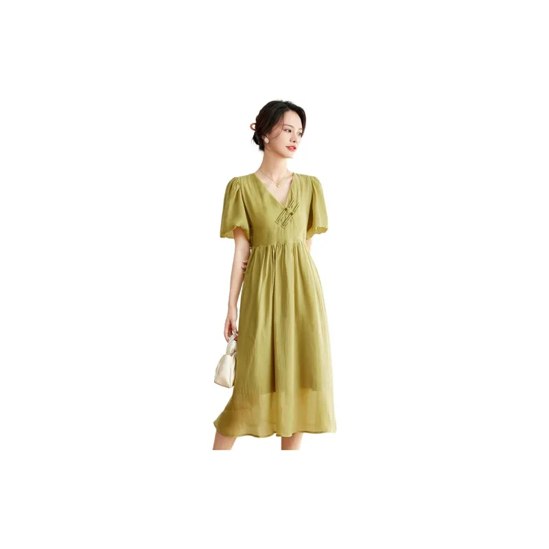 Emodues Short Sleeved Dress Women's Mustard Green-2