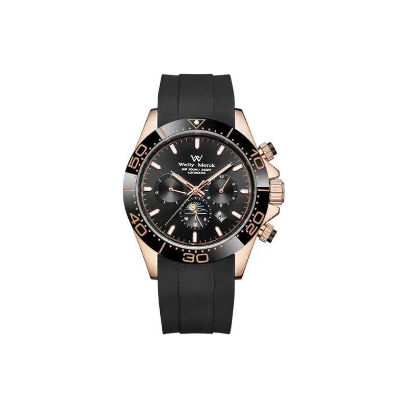 Welly Merck Automatic Mechanical Movement Rubber Strap Watch Men's Watches Black Dial-3