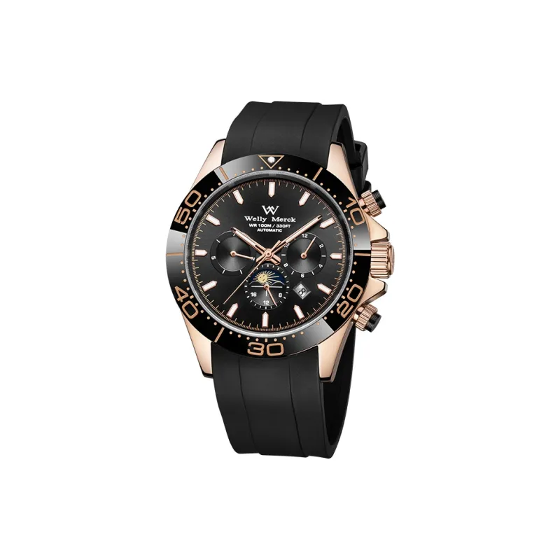 Welly Merck Automatic Mechanical Movement Rubber Strap Watch Men's Watches Black Dial-4