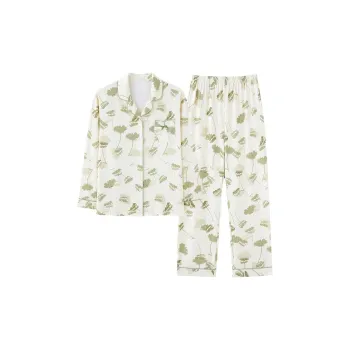 MIIOW Pajama Set Women's Milk White Green Small Flower