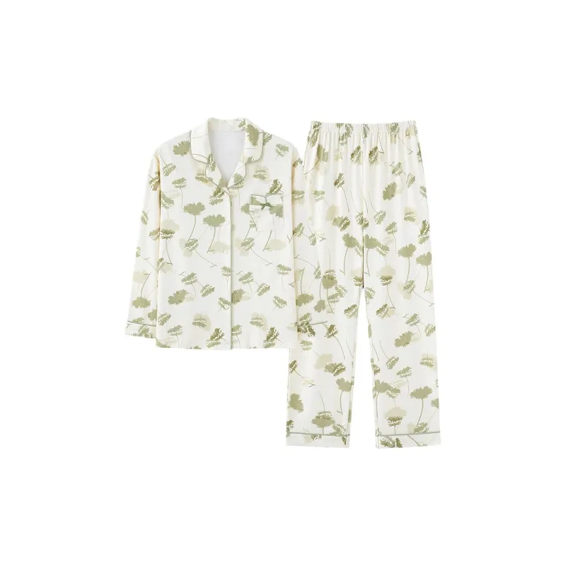 MIIOW Pajama Set Women's Milk White Green Small Flower-0
