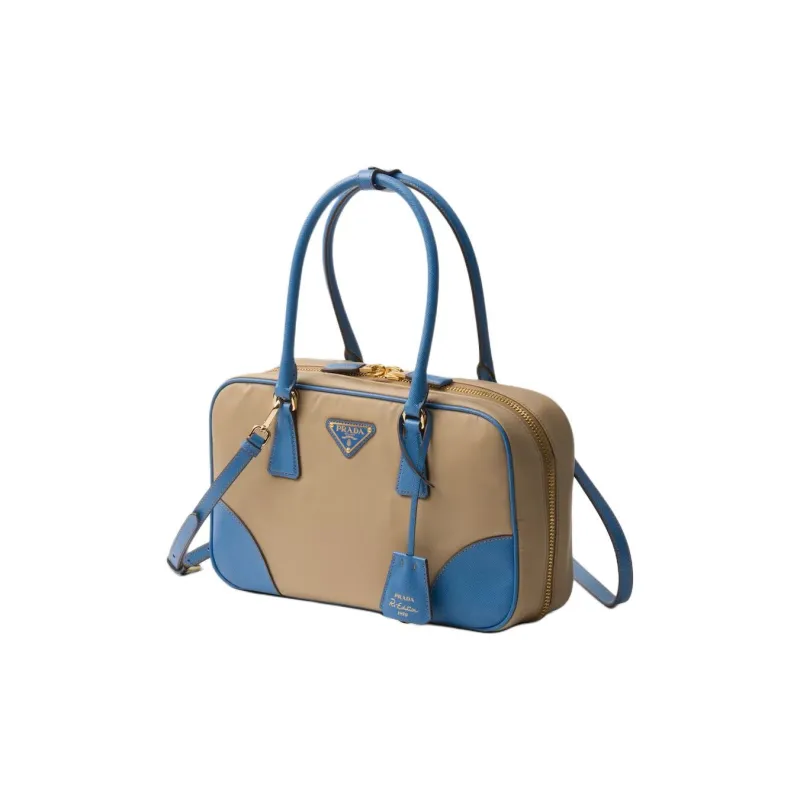 PRADA Re Edition Nylon With Leather Shoulder Bag, Crossbody Bag, Handbag Medium Size Women's Camel & Blue-1