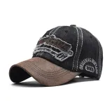 Denim Black Distressed Patchwork Embroidery Baseball Cap