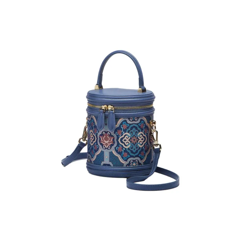 Pmsi Split Cow Leather With Mulberry Silk Bucket Bag, Shoulder Bag, Crossbody Bag, Handbag Trumpets Women's Blue-2