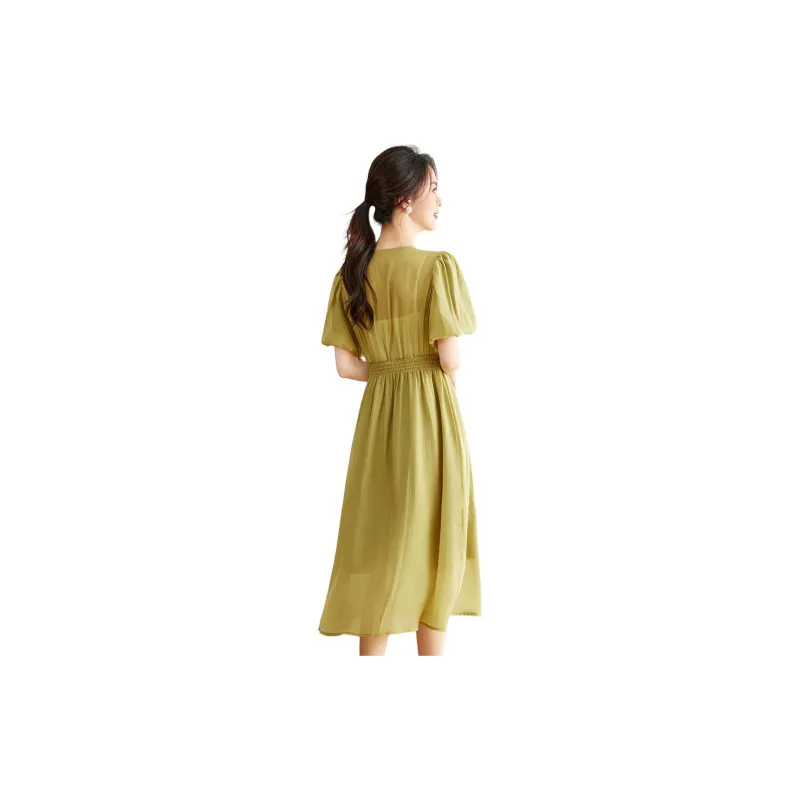 Emodues Short Sleeved Dress Women's Mustard Green-4