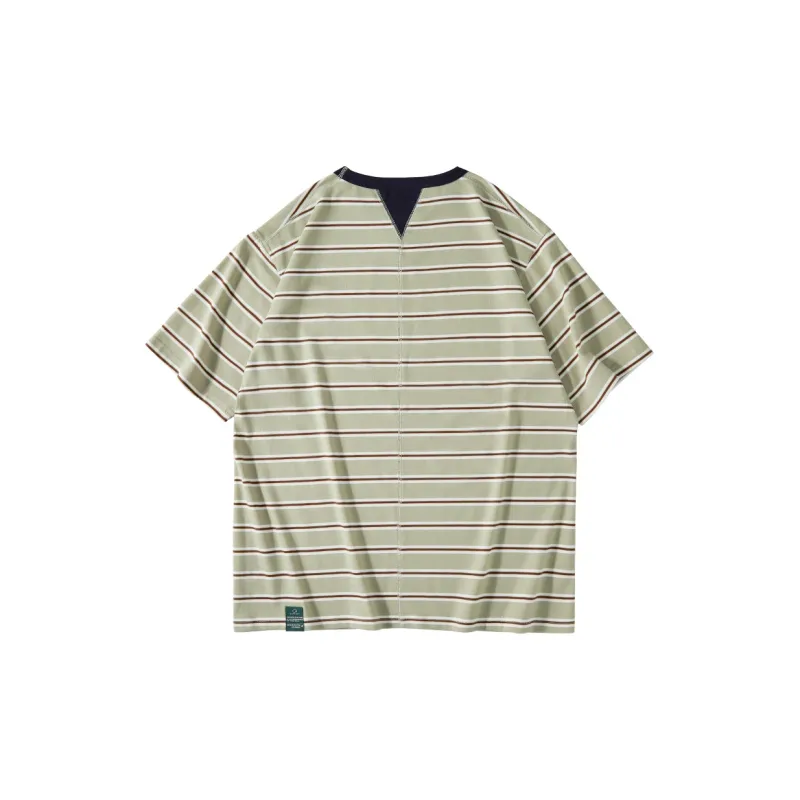 SET FUNS Brand Logo Multicolor Stripes Off The Shoulder 3/4 Short Sleeved T Shirt Men's Summer-4