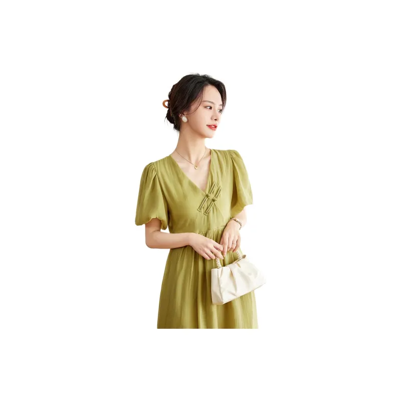 Emodues Short Sleeved Dress Women's Mustard Green-3